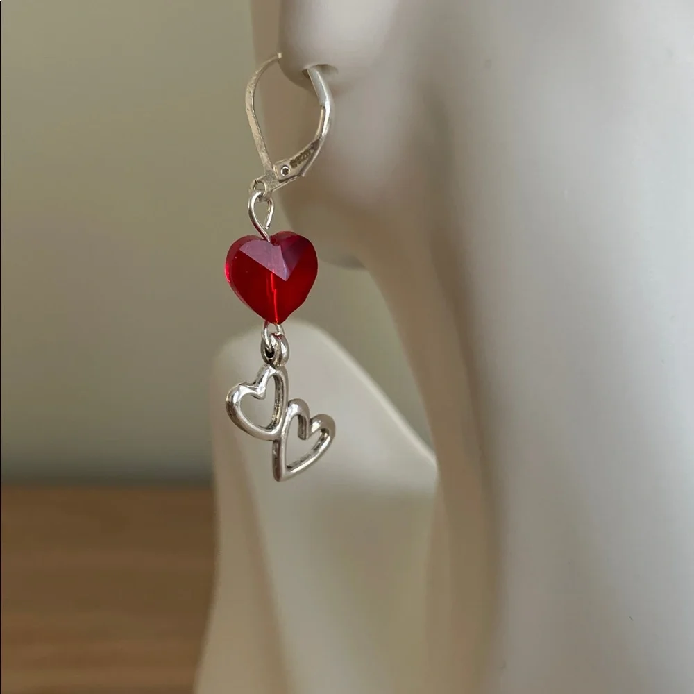 HAND CRAFTED RED CRYSTAL & DOUBLE HEART DROP EARRINGS Faceted Red Crystal Hearts